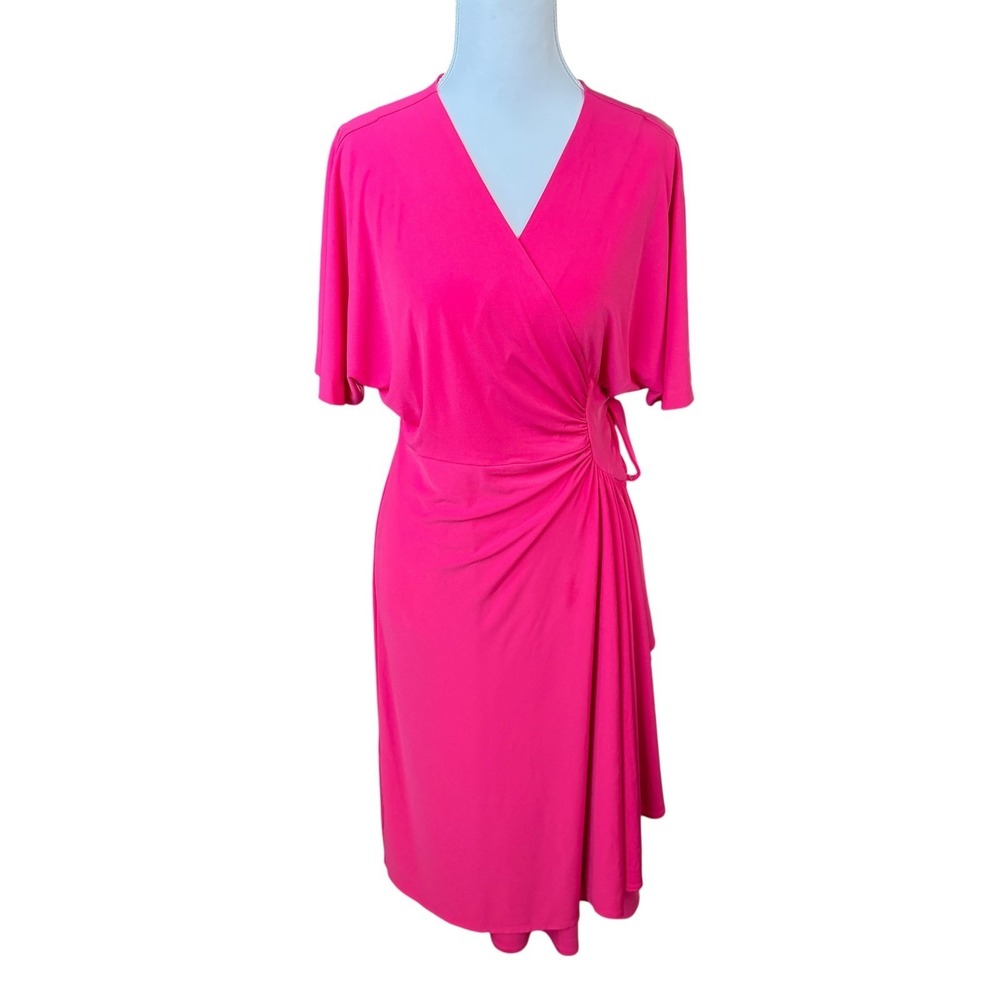 Vicky Tiel Jersey Wrap Midi Dress M Bold Pink Stretch Barbiecore Maximalist Chic